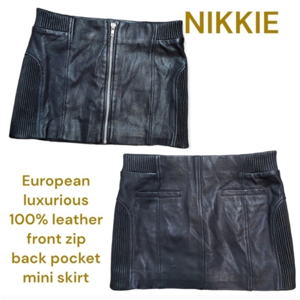 NIKKIE European leather skirt ribbed black mini moto biker front zip women's S